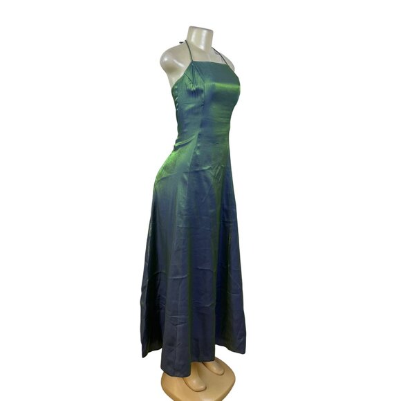 Nadine Green & Blue Iridescent Halter Maxi Dress Satin Back Tie Adjustable Sz 9 - Picture 2 of 11